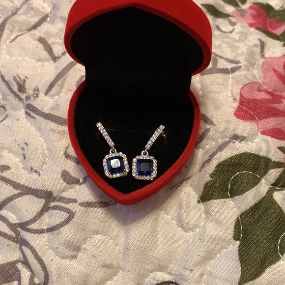 White Gold Blue Gem Square Drop Earrings - Picture 1 of 8